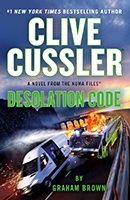 Cover for Clive Cussler's Desolation Code with white and green text on a background showing a car chase