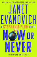 Lime yellow cover with blue text "Janet Evanovich" and " Now or Never" with a bomb symbol for the "o" in Now.