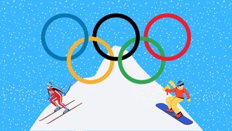 Skiers on snowy mountain with Olympic rings in sky