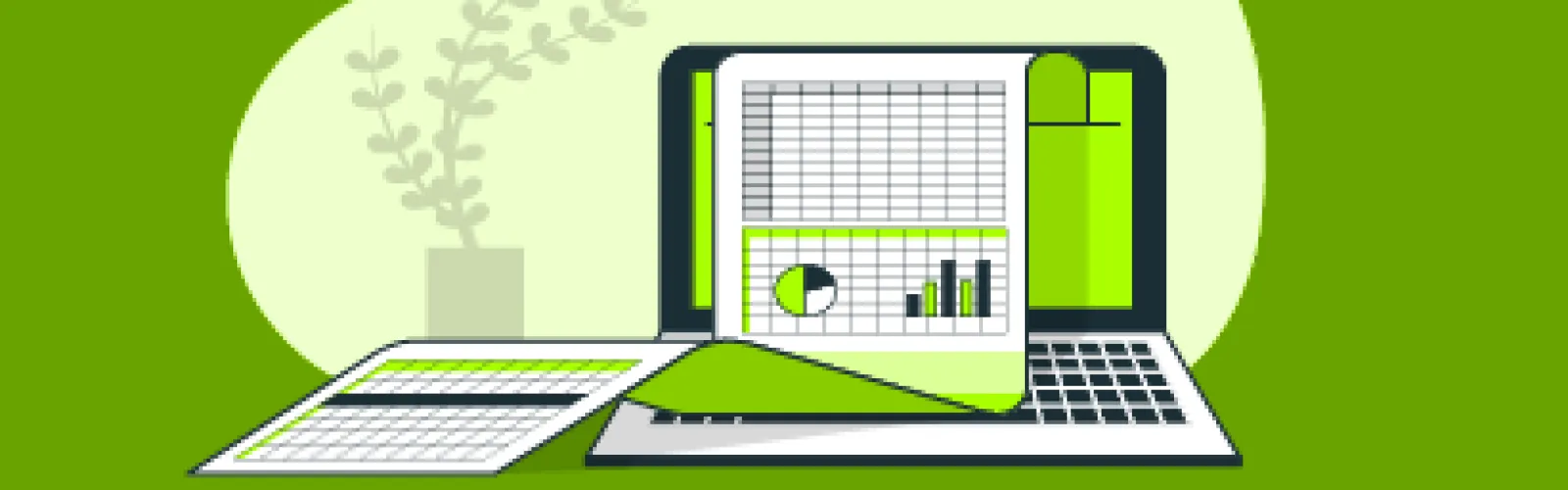 Green Graphic of a laptop with spreadsheets open.