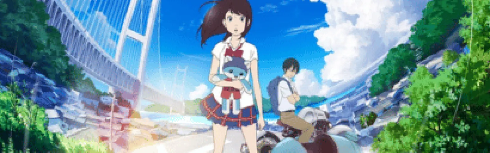 Cartoon girl in school uniform standing in a street