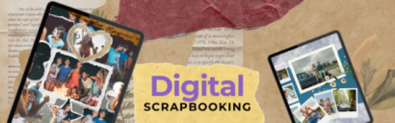 Digital Scrapbooking with two tablets displaying different scrapbook collages.